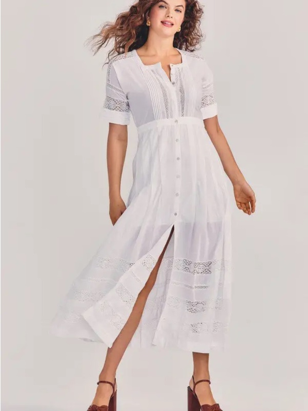 LoveShackFancy Edie White Button-Front Lace-Trim Maxi Dress - XL